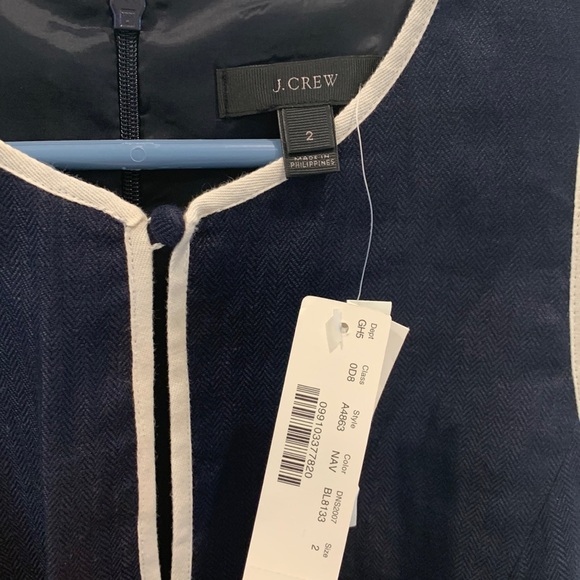 NWT J.Crew Herringbone Linen Dress Navy Blue Ivory/White 2 - Picture 3 of 8